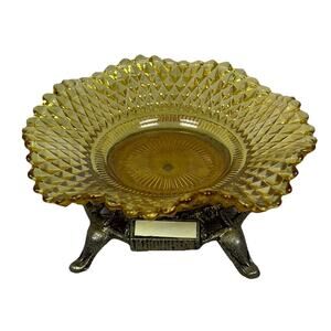 Indiana Glass Amber Diamond Point Ruffled Bowl Candy Dish Ashtray Metal Stand